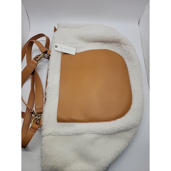 ANTHROPOLOGIE Tote Zip Purse Cream Sherpa Bag Tan Adjustable Straps & Pocket NWT - Picture 4 of 15